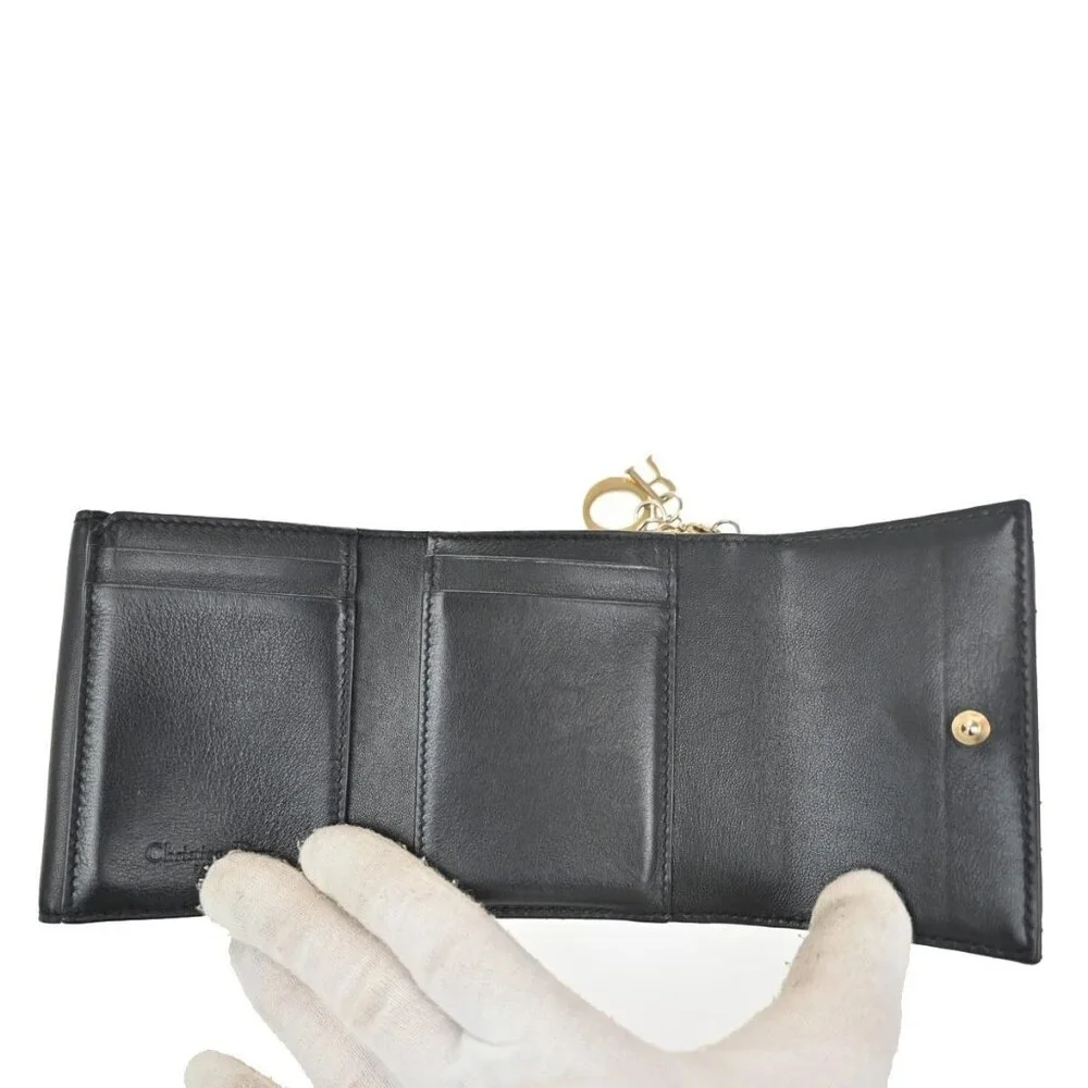 CHRISTIAN DIOR Cannage Trifold Compact Wallet Patent Leather Black GHW 35TA317